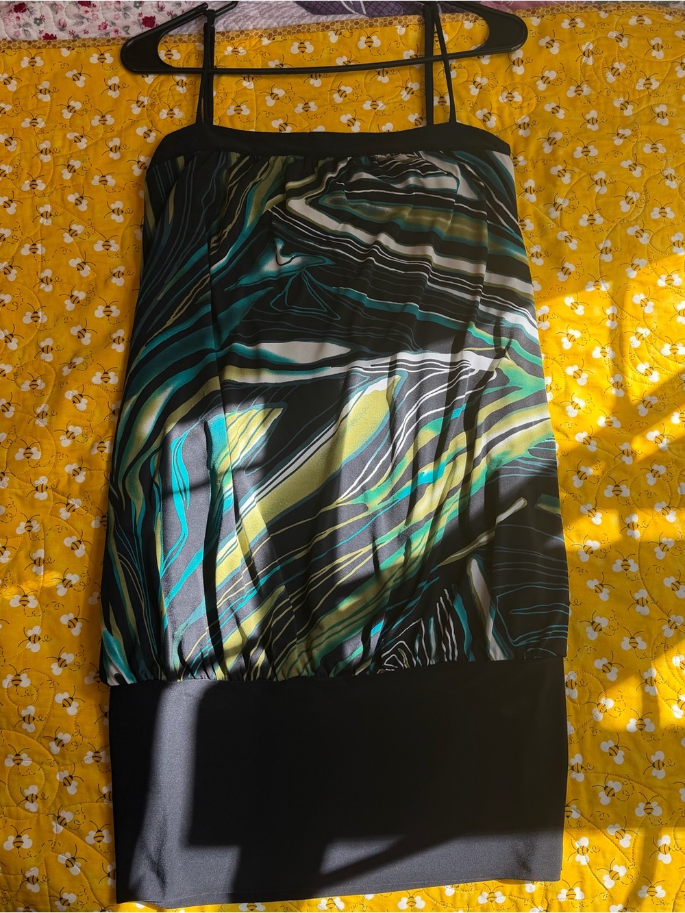 Wrapper Black Dress with Teal and Olive Abstract Print